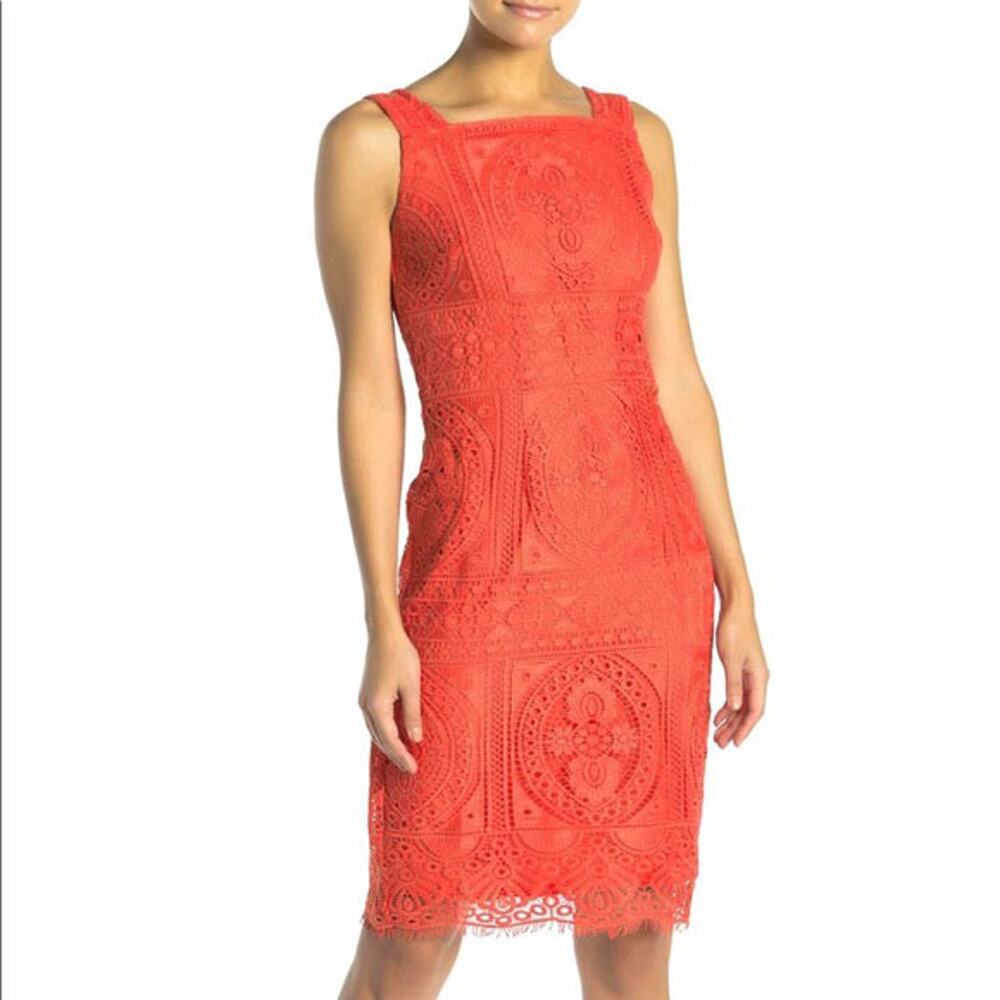 London Times Coral Lace Overlay Sheath Dress Women's 2 Sleeveless Side Zip